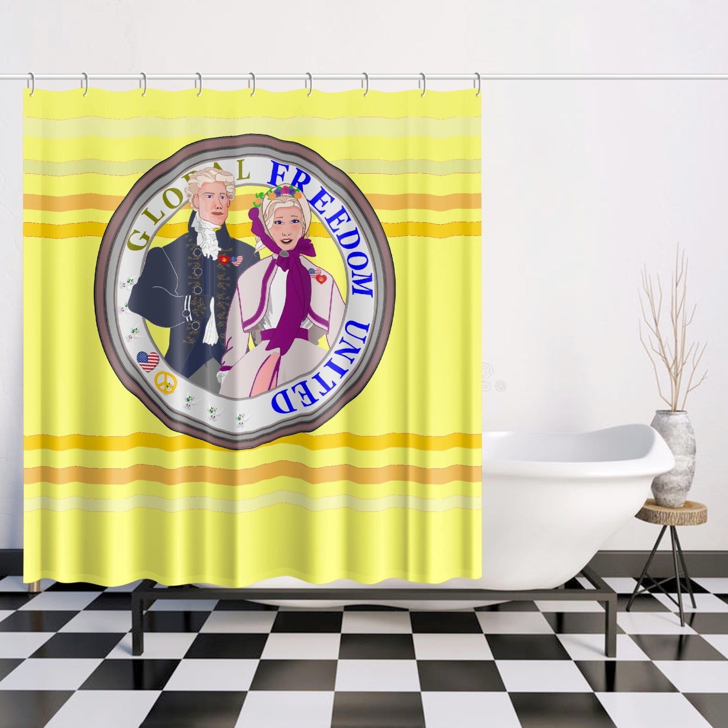 GLOBAL FREEDOM UNITED© Couple USA Georg Washington Yellow - Quick-drying Shower Curtain