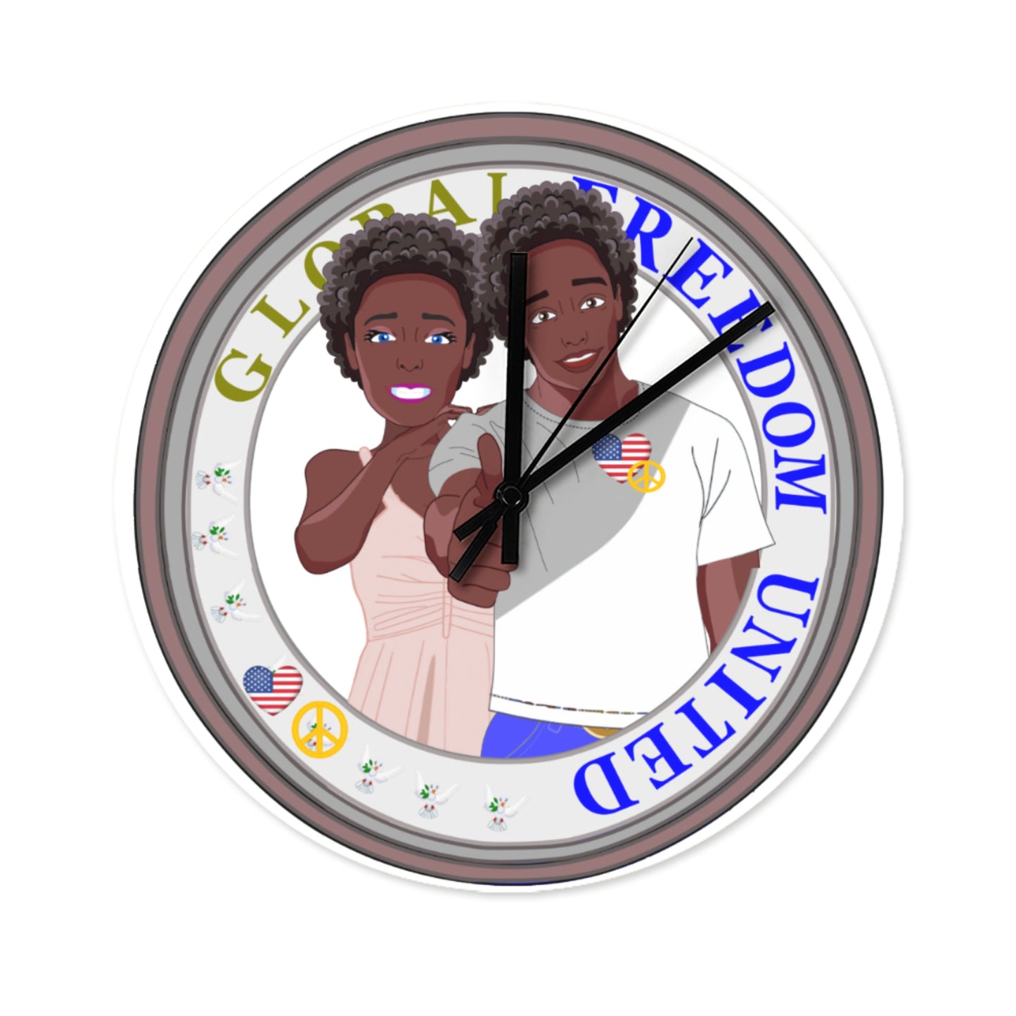 Wooden Wall Clock Without Scale GLOBAL FREEDOM UNITED© Couple USA Afro American