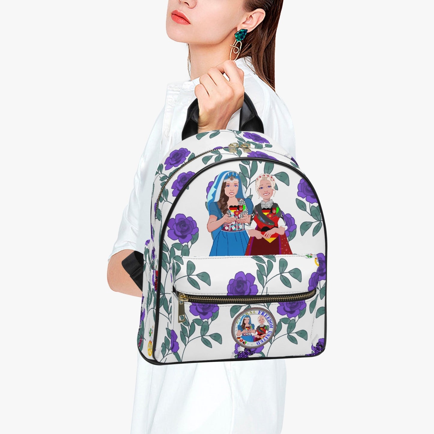 GLOBAL FREEDOM UNITED© Women Afghanistan & Germany Lilac Roses - All Over Printed PU Backpack