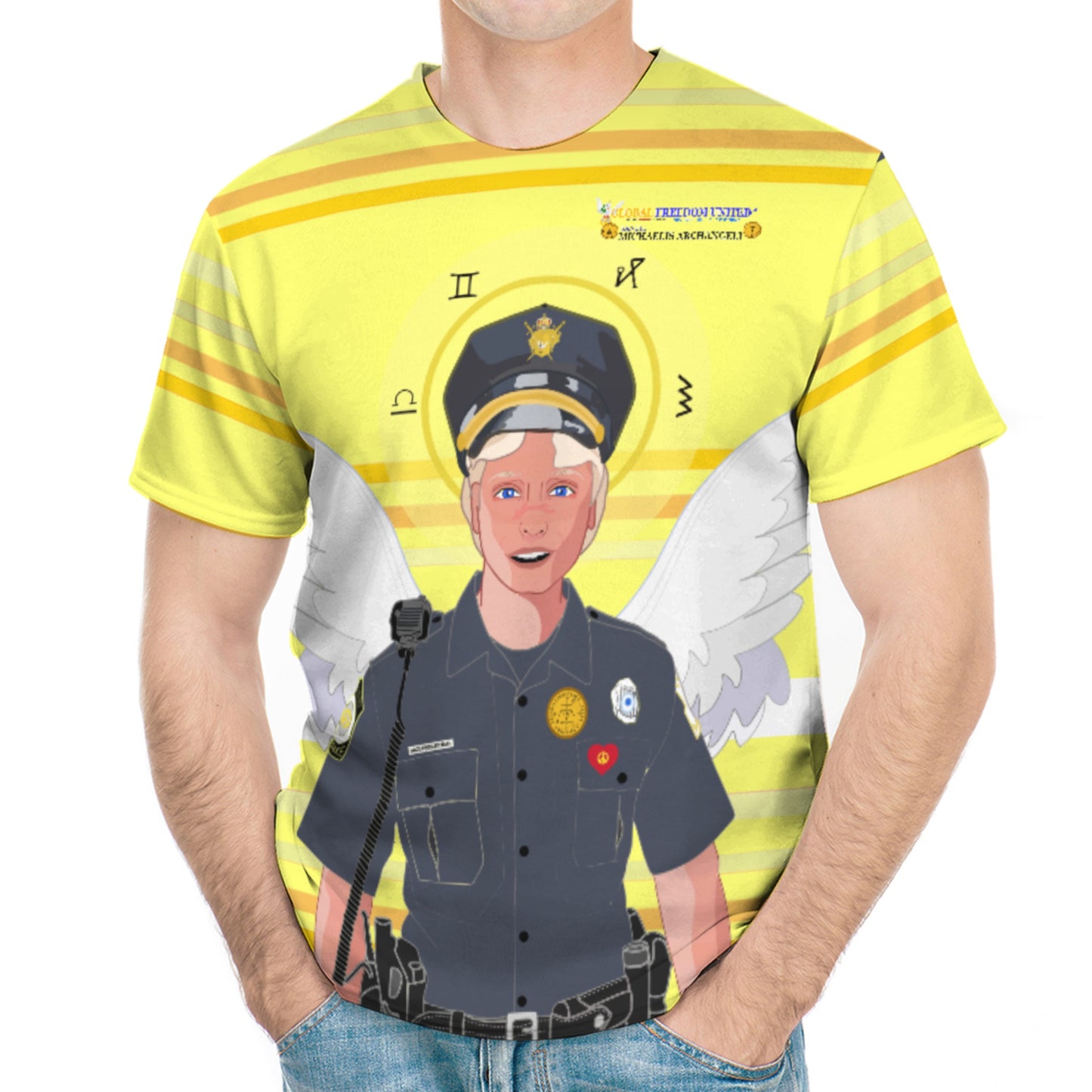 Men´s T-shirt  GLOBAL FREEDOM UNITED© Archangel Michael In Latin V4 Yellow