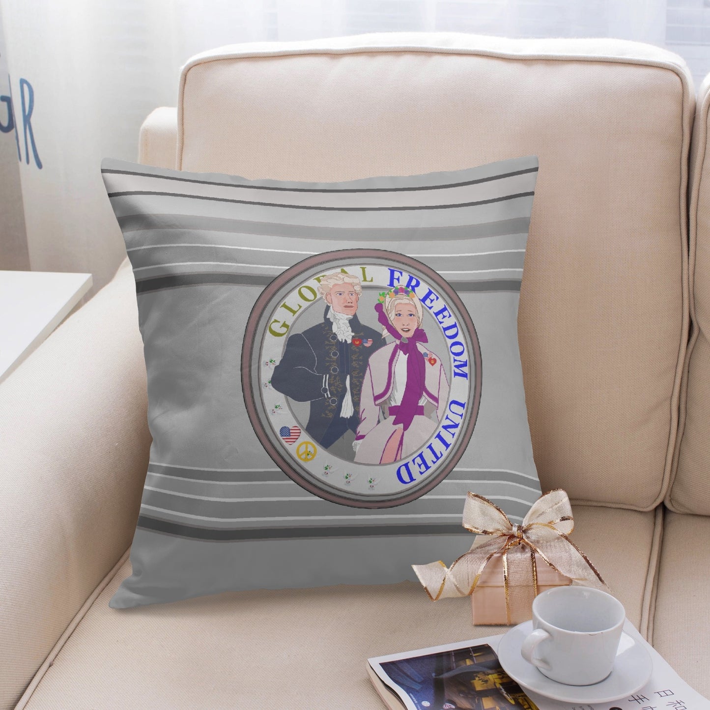 GLOBAL FREEDOM UNITED© Couple USA Georg Washington Grey - Square Pillow Cover