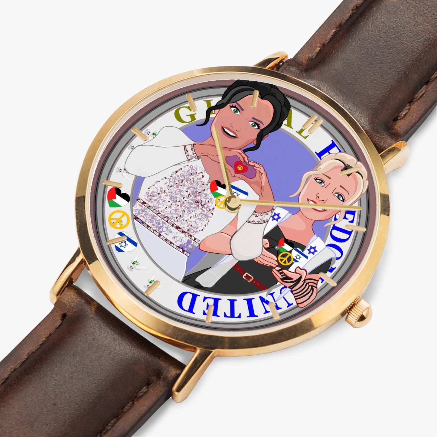 GLOBAL FREEDOM UNITED© Hot Selling Ultra-Thin Leather Strap Quartz Watch (Rose Gold With Indicators) Women Palestina & Israel