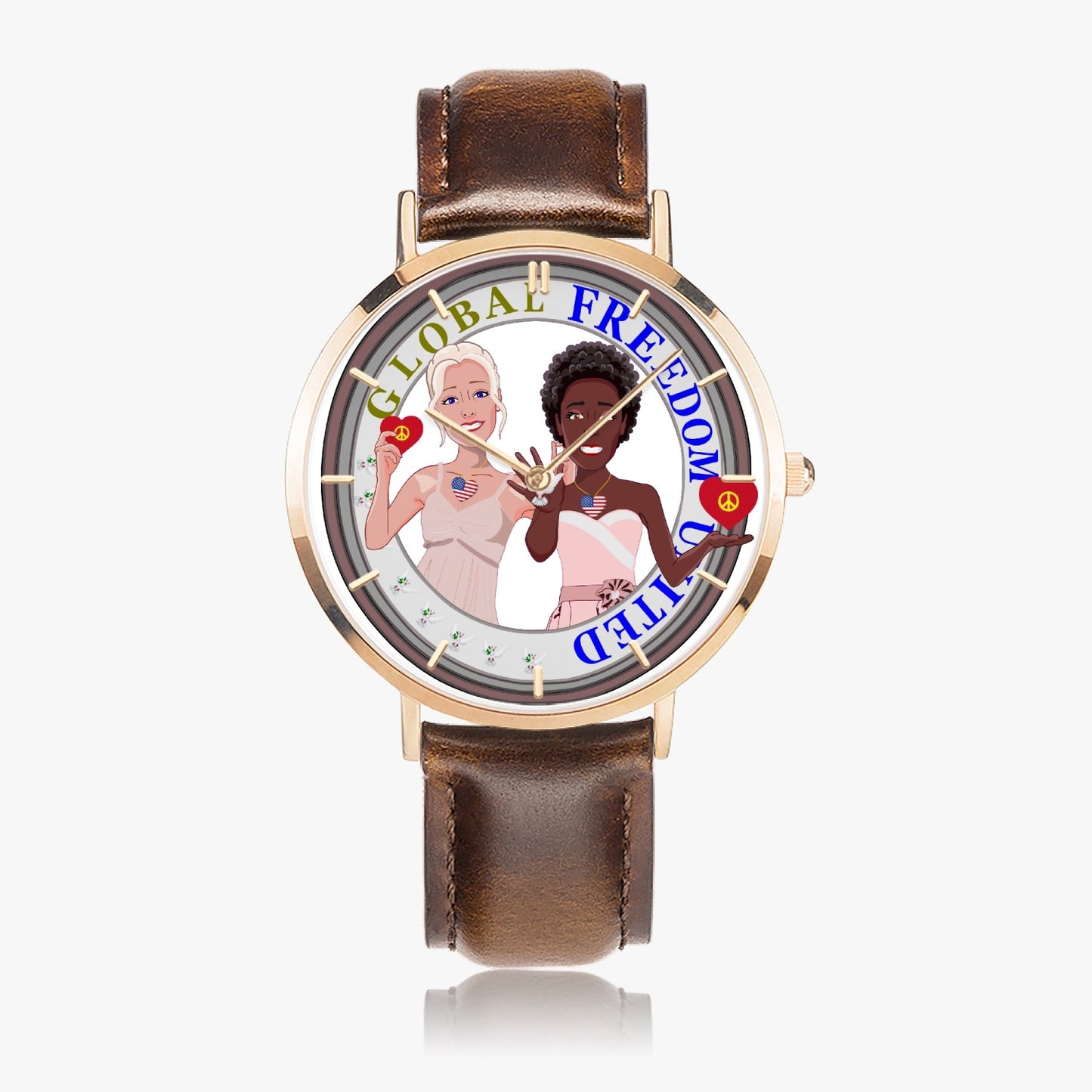 GLOBAL FREEDOM UNITED© Hot Selling Ultra-Thin Leather Strap Quartz Watch (Rose Gold With Indicators) Women ANTI FASCISM & RACISM USA