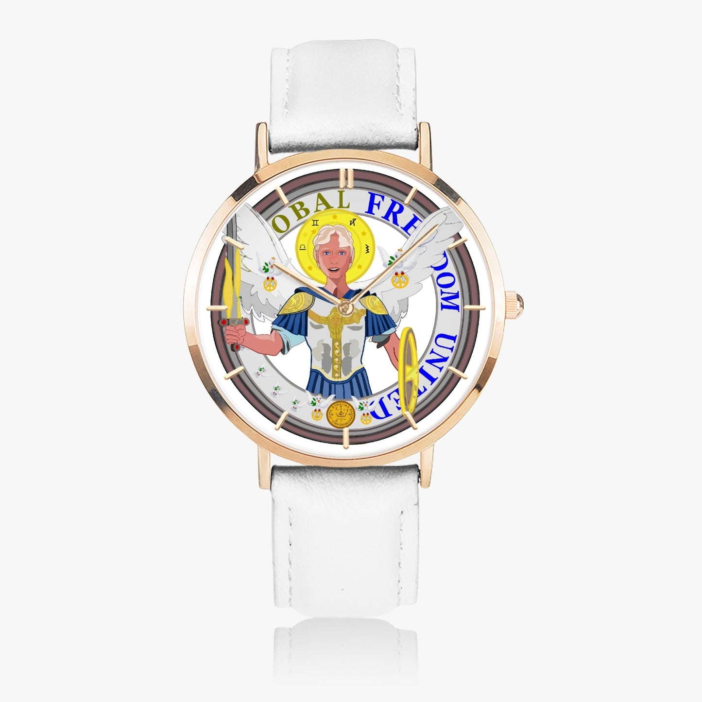 GLOBAL FREEDOM UNITED© ARCHANGEL MICHAEL NO1 Hot Selling Ultra-Thin Leather Strap Quartz Watch (Rose Gold With Indicators)