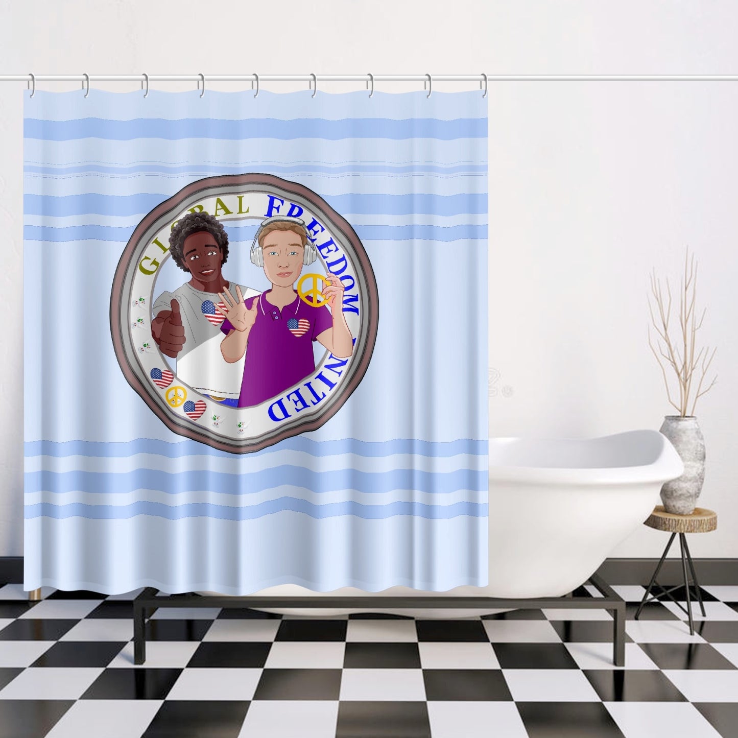 Quick-drying Shower Curtain GLOBAL FREEDOM UNITED© Men Anti Fascism & Racism USA Light Blue