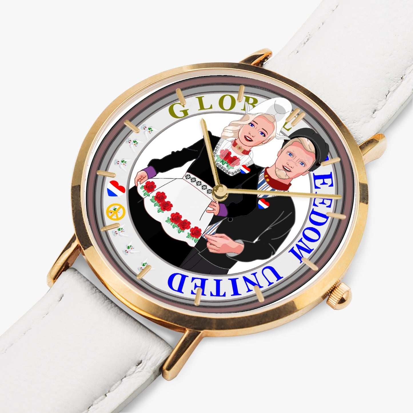 GLOBAL FREEDOM UNITED© Couple Nederland Hot Selling Ultra-Thin Leather Strap Quartz Watch (Rose Gold With Indicators)