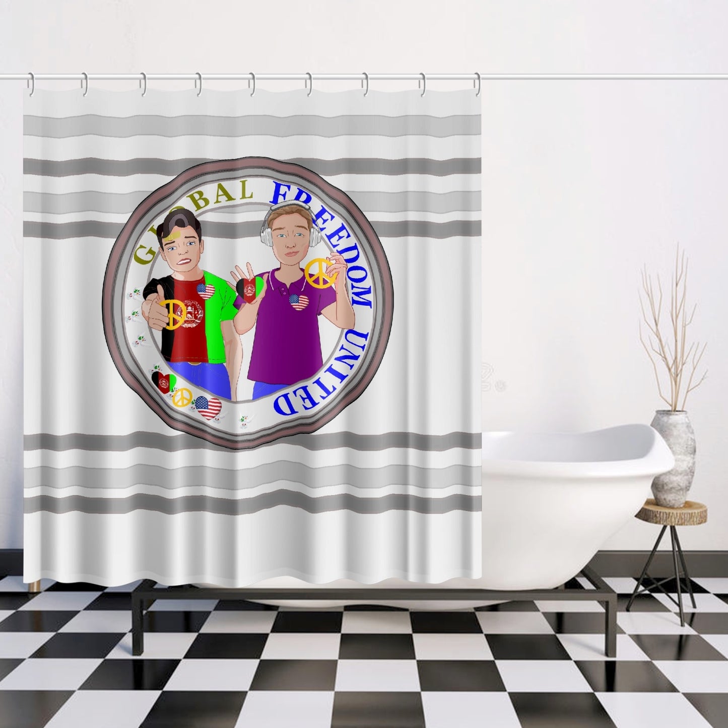 Quick-drying Shower Curtain GLOBAL FREEDOM UNITED© Women Afghanistan & USA Grey