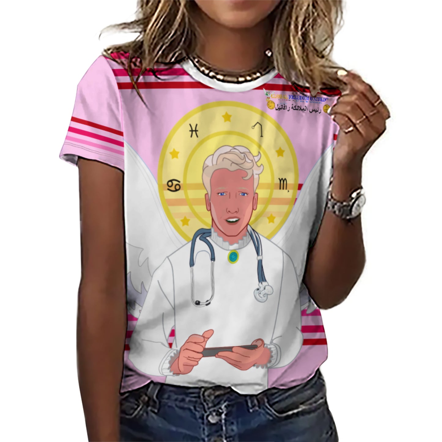 Women´s T-shirt GLOBAL FREEDOM UNITED© Archangel Rafael Arabic Pink1