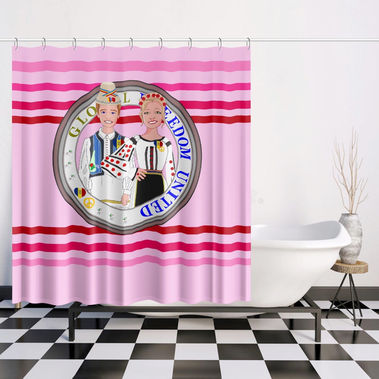 GLOBAL FREEDOM UNITED© Couple Romania Pink1 - Quick-drying Shower Curtain
