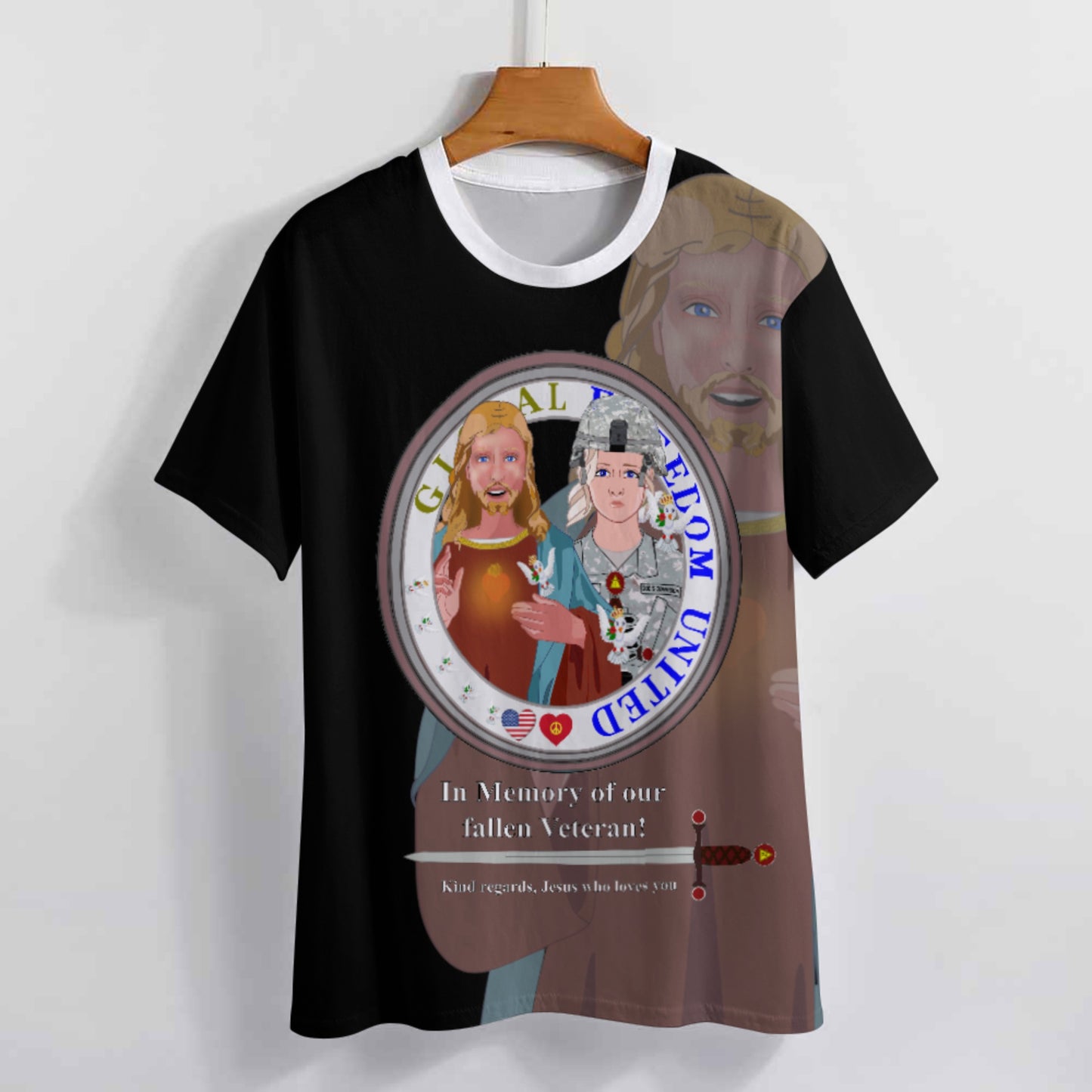 Women´s T-Shirt Black GLOBAL FREEDOM UNITED© Jesus Christ For Fallen Veteran US Afro American Soldiers V1