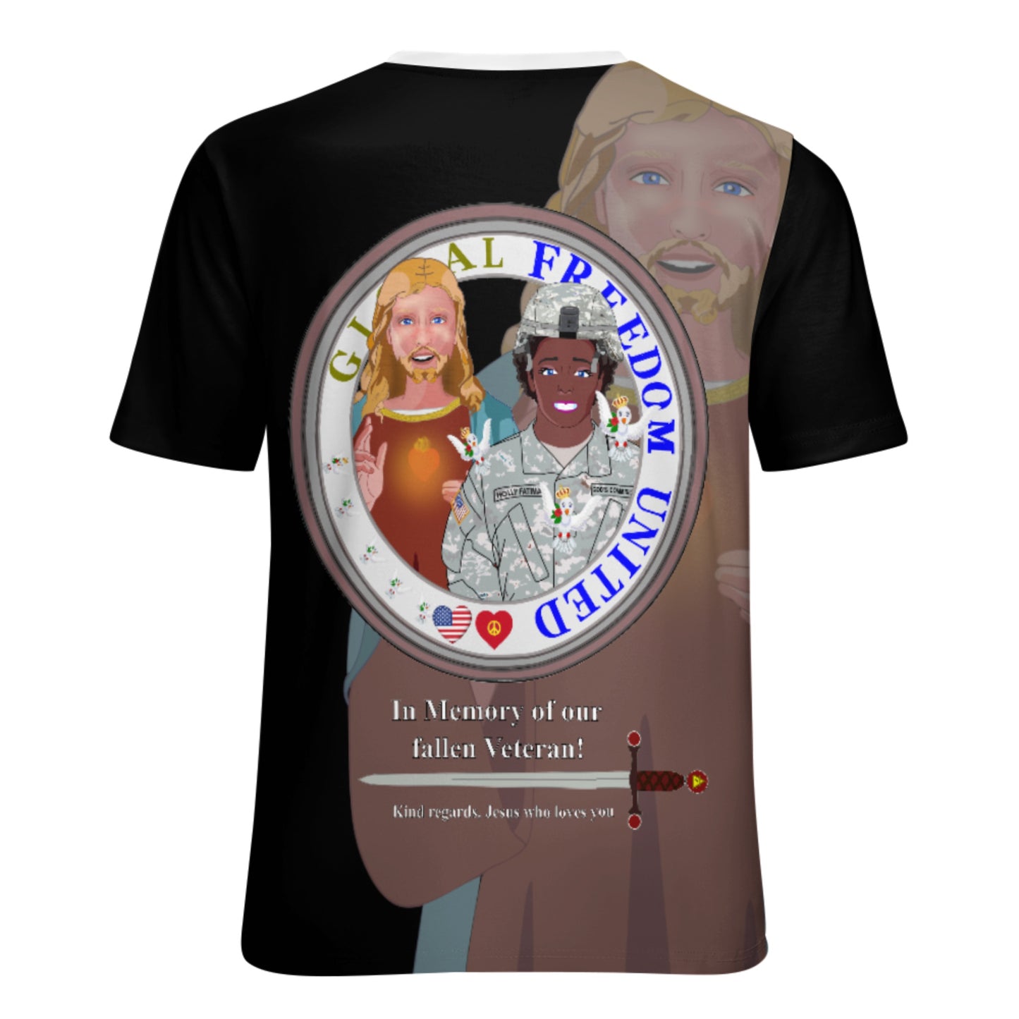 Women´s T-shirt Black GLOBAL FREEDOM UNITED© Jesus Christ For Fallen Veteran US Afro American Soldiers V2