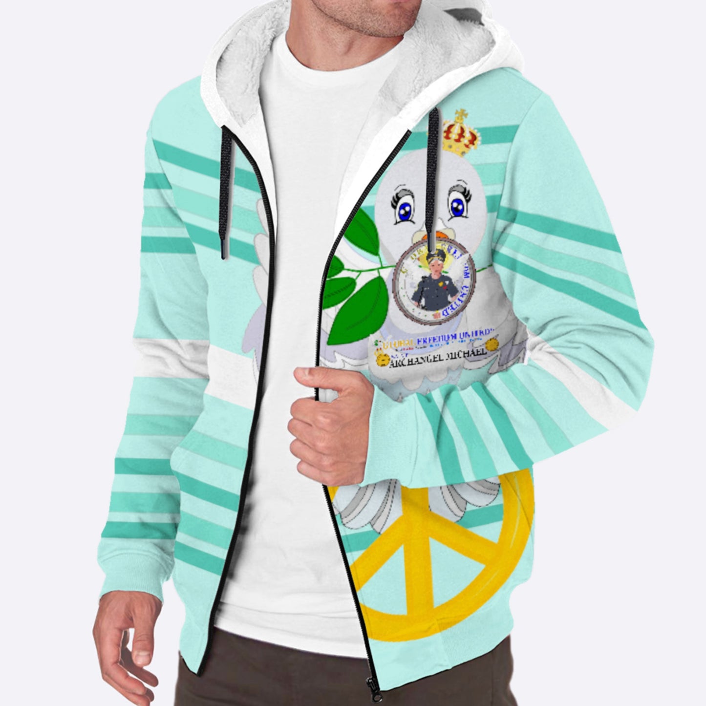 Plush Hoodie GLOBAL FREEDOM UNITED© Archangel Michael As Policemen Light Green