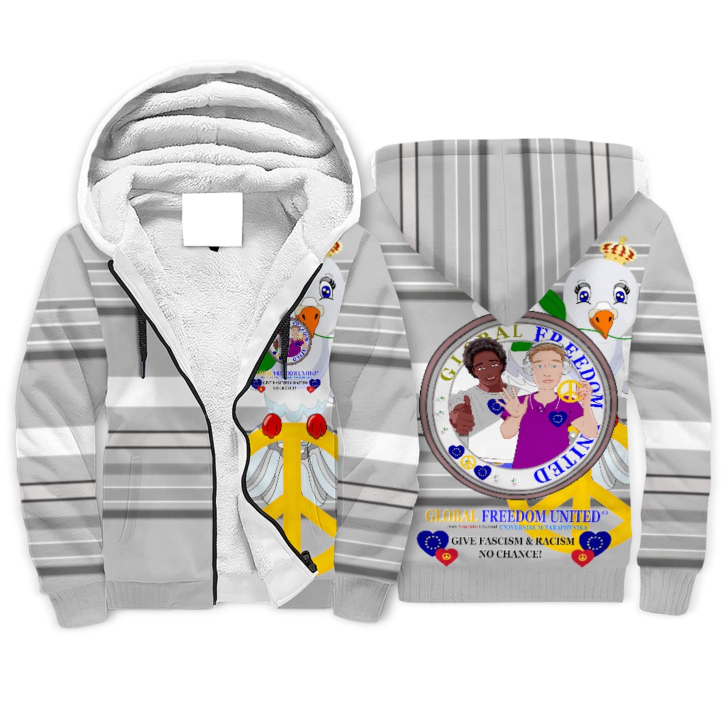 Plush Hoodie GLOBAL FREEDOM UNITED© Men Anti Racism & Fascism Grey