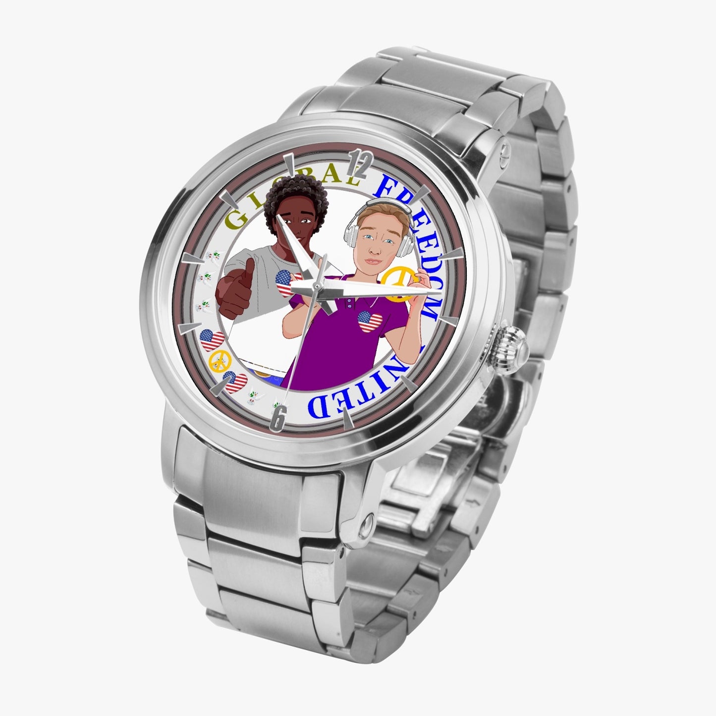 GLOBAL FREEDOM UNITED© New Steel Strap Automatic Watch (With Indicators) Men ANTI FASCISM & RACISM USA