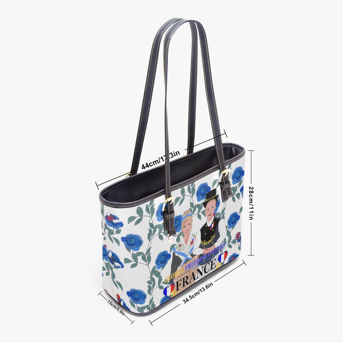 GLOBAL FREEDOM UNITED© Couple French Blue Roses - Large Leather Tote Bag for Women