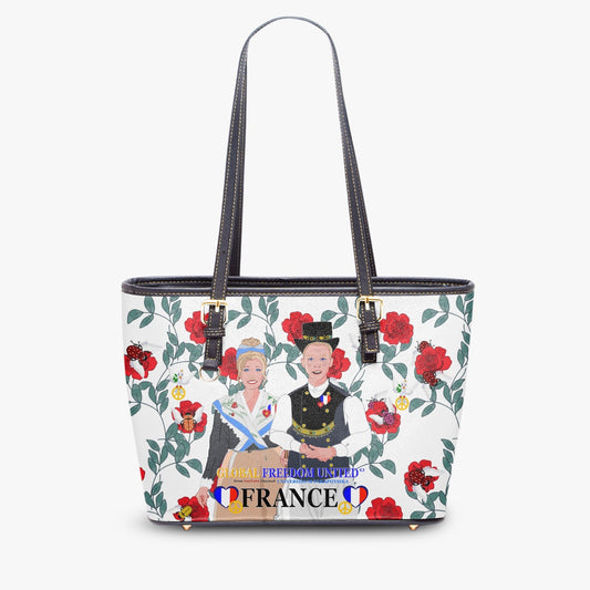 GLOBAL FREEDOM UNITED© Couple French Red Roses Large Leather Tote Bag for Women