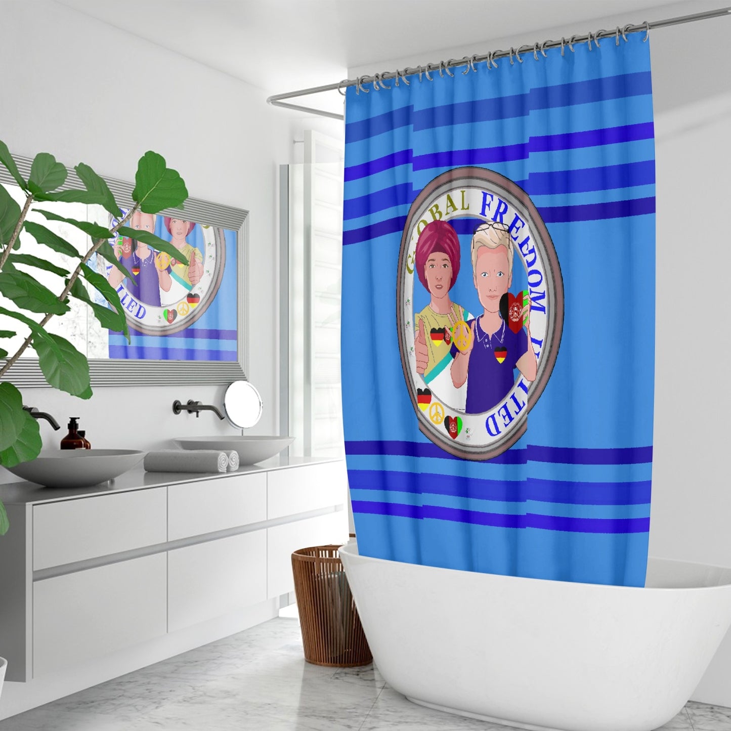 Quick-drying Shower Curtain GLOBAL FREEDOM UNITED© Men Afghanistan & Germany Dark Blue