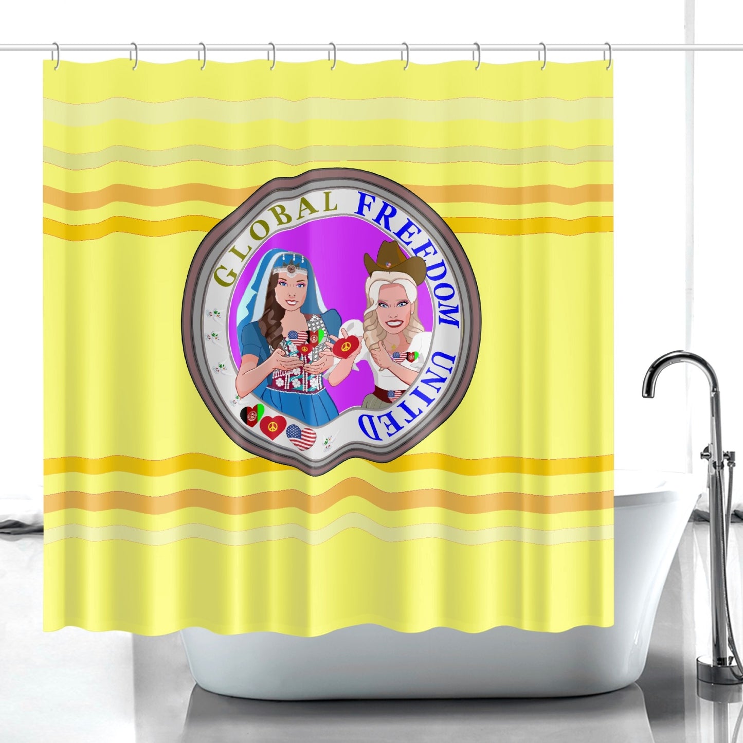 Quick-drying Shower Curtain GLOBAL FREEDOM UNITED© Women Afghanistan & USA Yellow