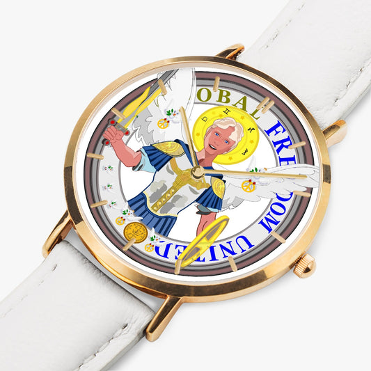 GLOBAL FREEDOM UNITED© ARCHANGEL MICHAEL NO1 Hot Selling Ultra-Thin Leather Strap Quartz Watch (Rose Gold With Indicators)
