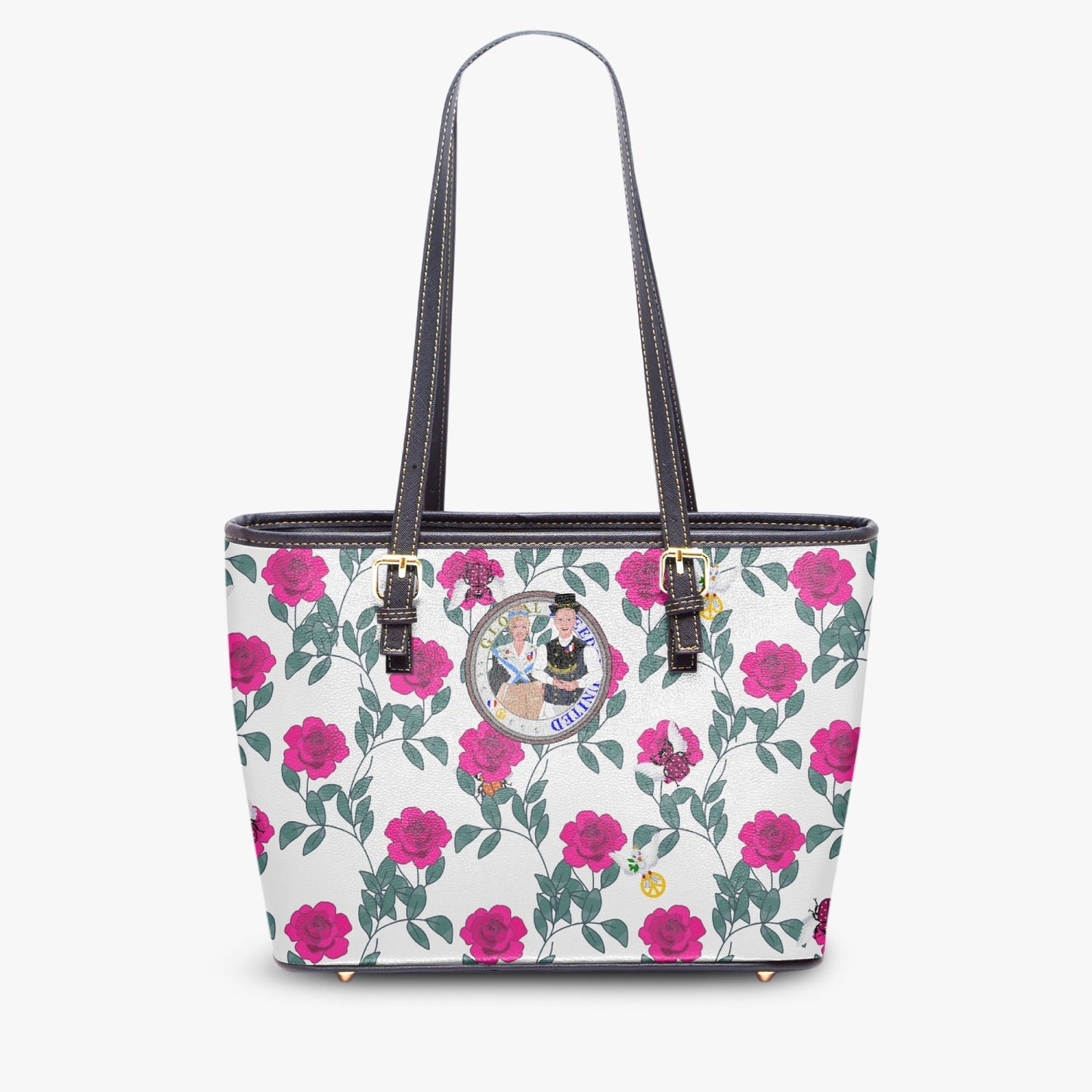 GLOBAL FREEDOM UNITED© Couple French Pink Roses - Large Leather Tote Bag for Women