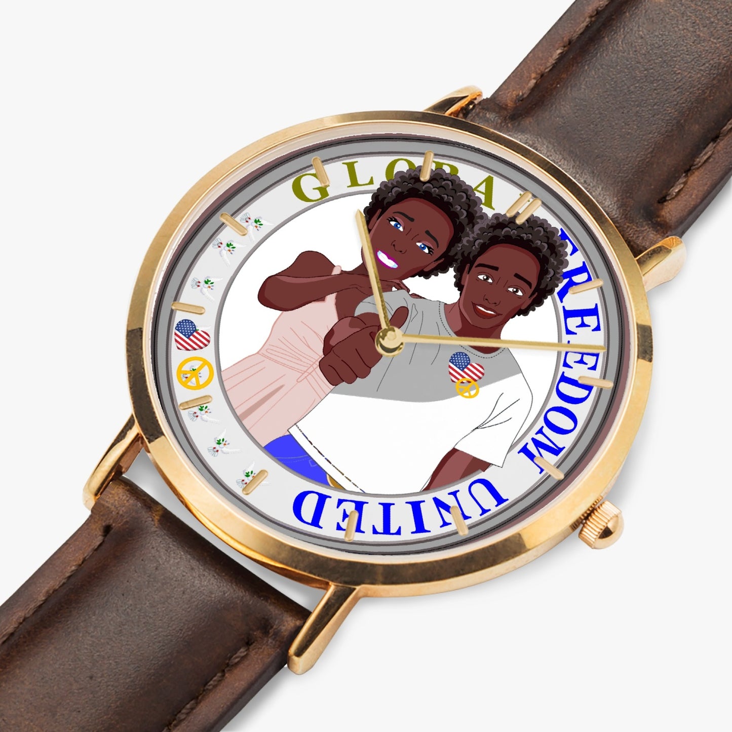 GLOBAL FREEDOM UNITED© Couple Afro American - Hot Selling Ultra-Thin Leather Strap Quartz Watch (Rose Gold With Indicators)