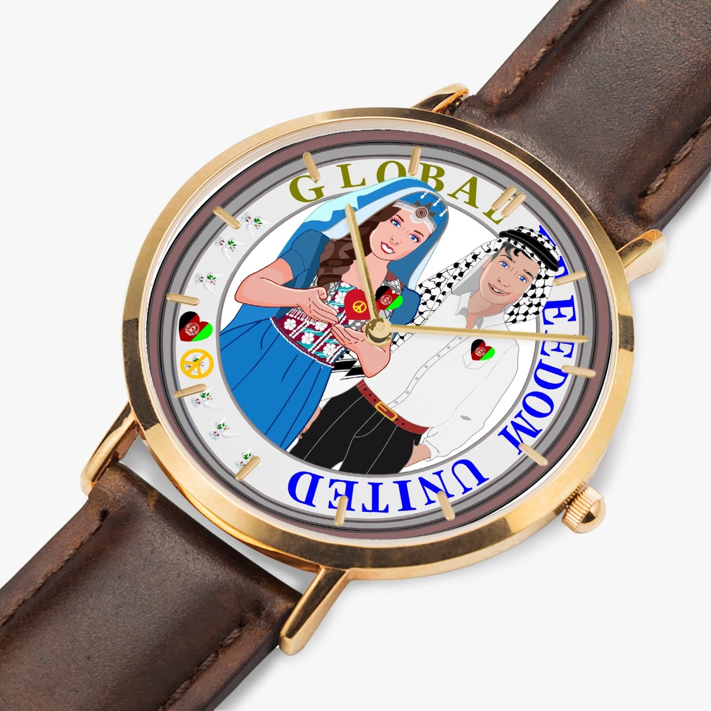GLOBAL FREEDOM UNITED© Couple Afghanistan Hot Selling Ultra-Thin Leather Strap Quartz Watch (Rose Gold With Indicators)