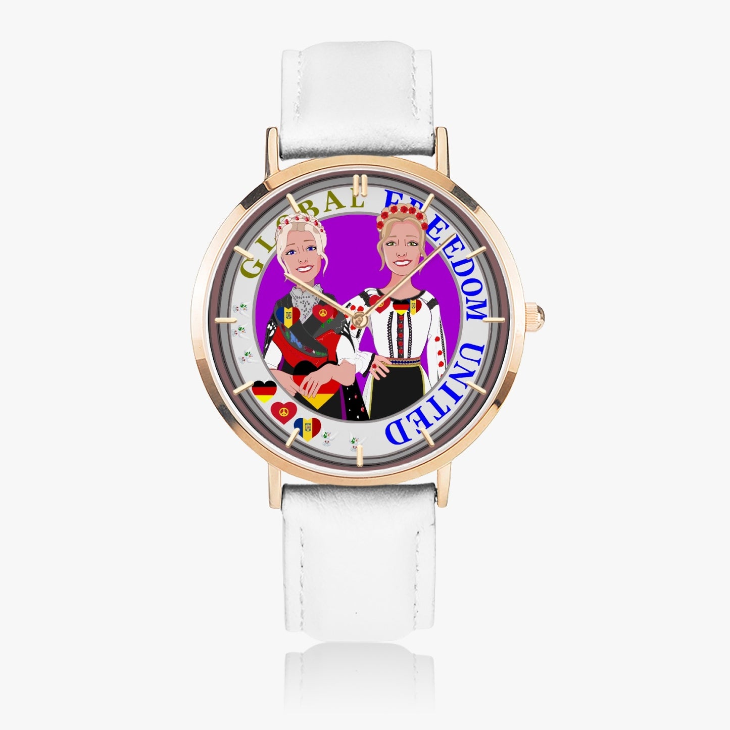 GLOBAL FREEDOM UNITED© Hot Selling Ultra-Thin Leather Strap Quartz Watch (Rose Gold With Indicators) Women Romania & Germany