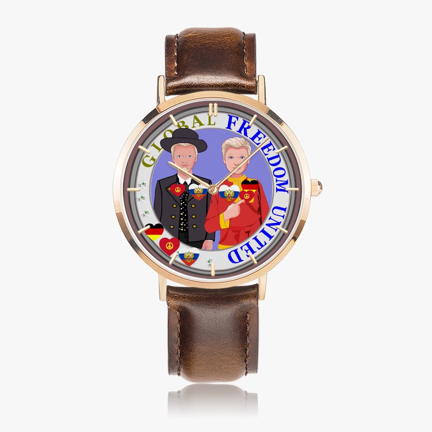 GLOBAL FREEDOM UNITED© Hot Selling Ultra-Thin Leather Strap Quartz Watch (Rose Gold With Indicators) Men Russia & Germany