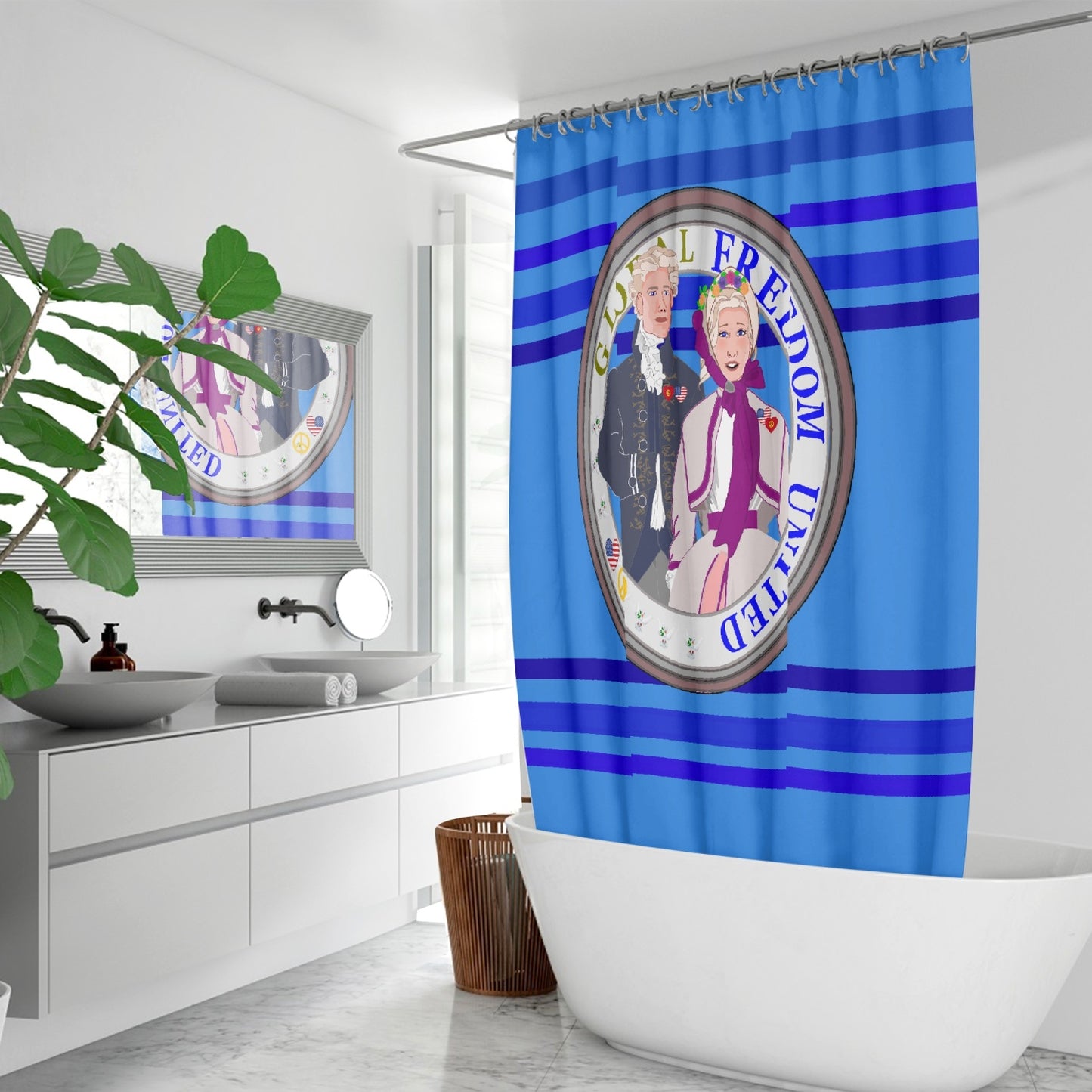 GLOBAL FREEDOM UNITED© Couple USA Georg Washington Deep Blue - Quick-drying Shower Curtain