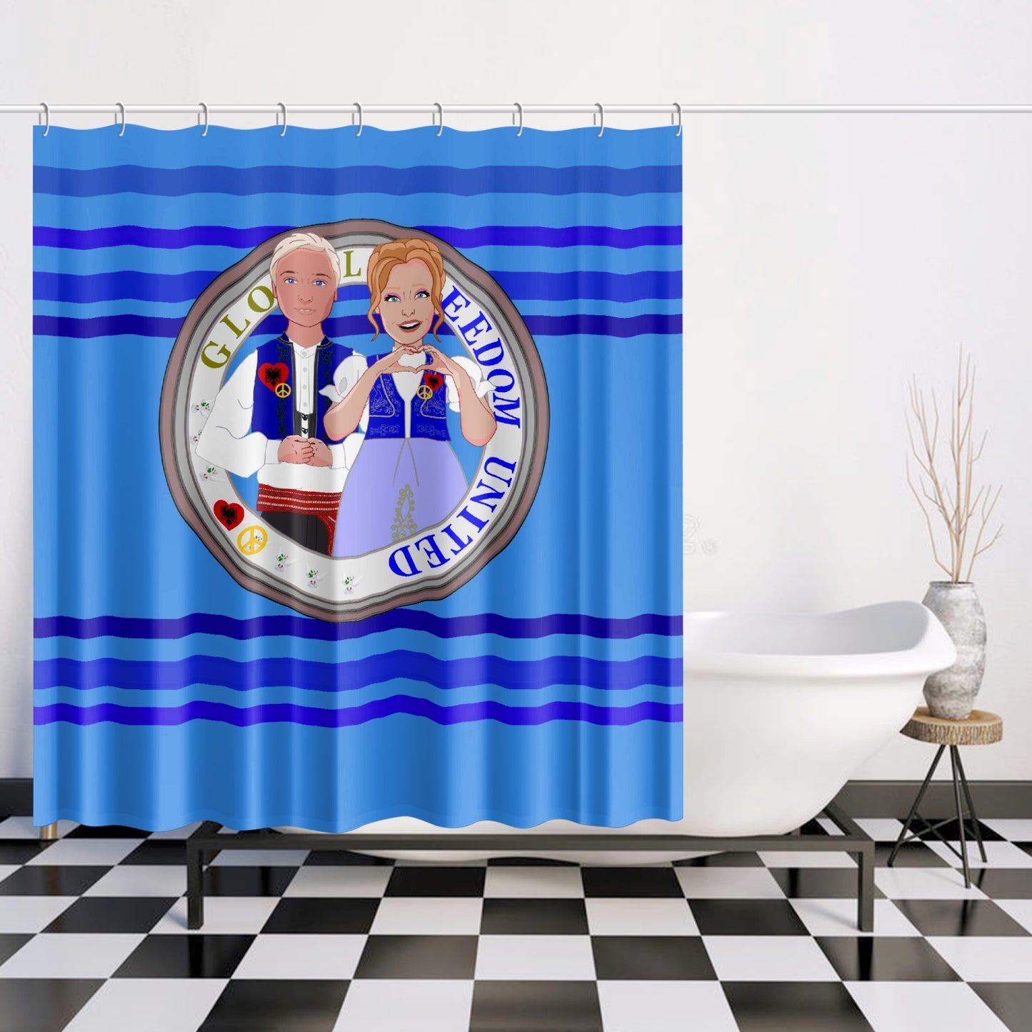 GLOBAL FREEDOM UNITED© Couple Albania Deep Blue Quick-drying Shower Curtain