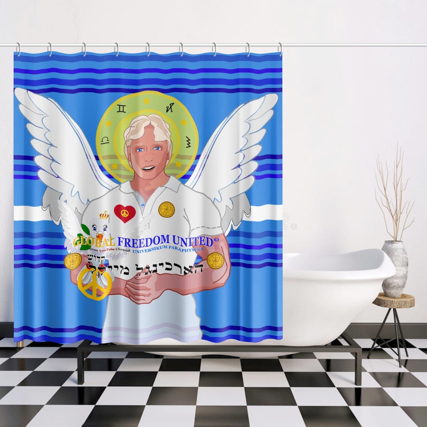 Quick-drying Shower Curtain GLOBAL FREEDOM UNITED ARCHANGEL MICHAEL HEBREW DEEP BLUE