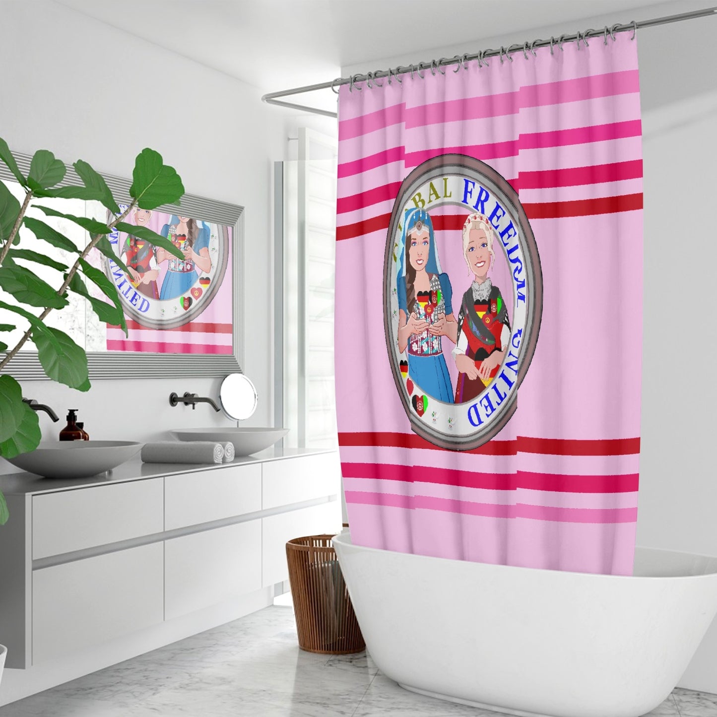 Quick-drying Shower Curtain GLOBAL FREEDOM UNITED© Women Afghanistan & Germany Pink