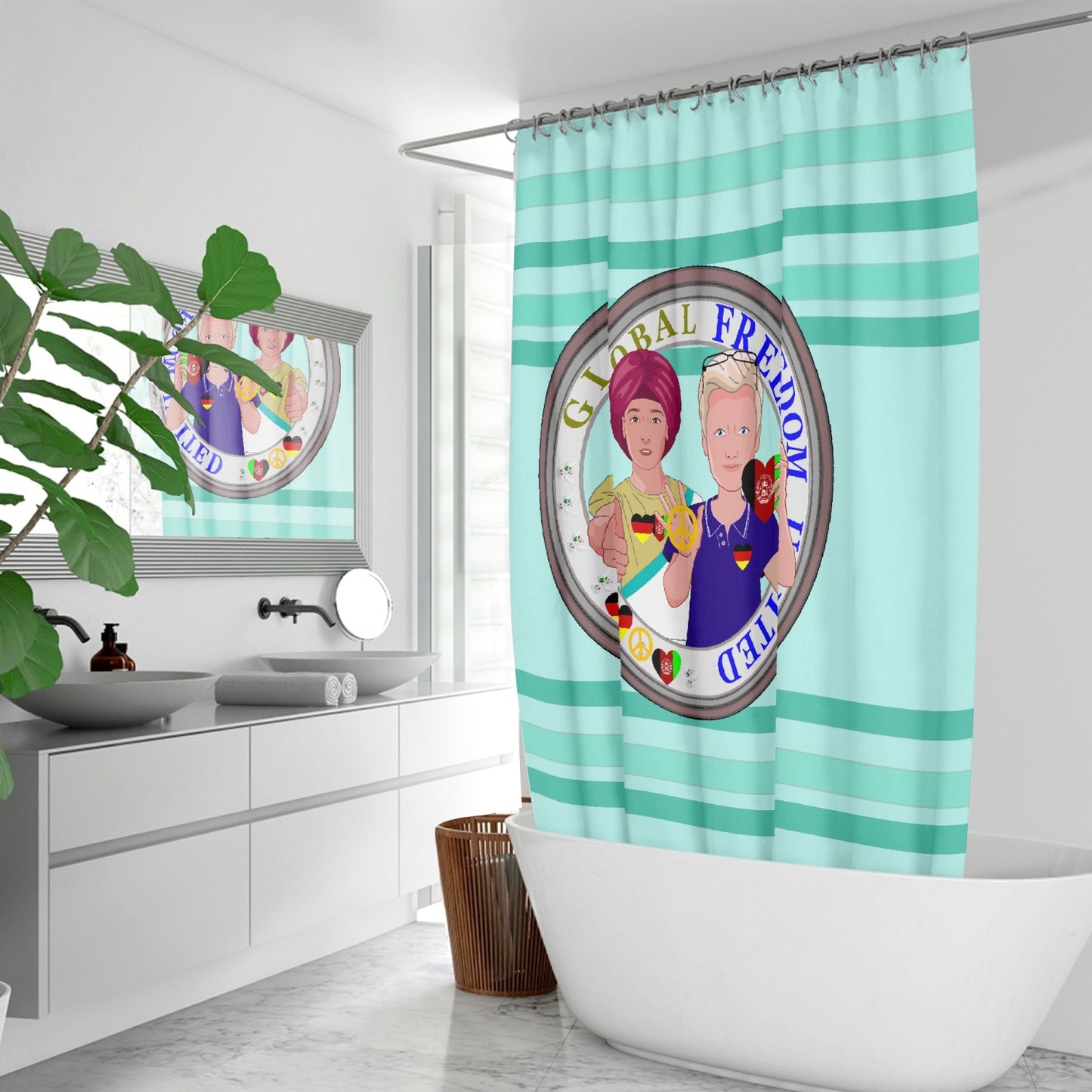 Quick-drying Shower Curtain GLOBAL FREEDOM UNITED© Men Afghanistan & Germany Light Green
