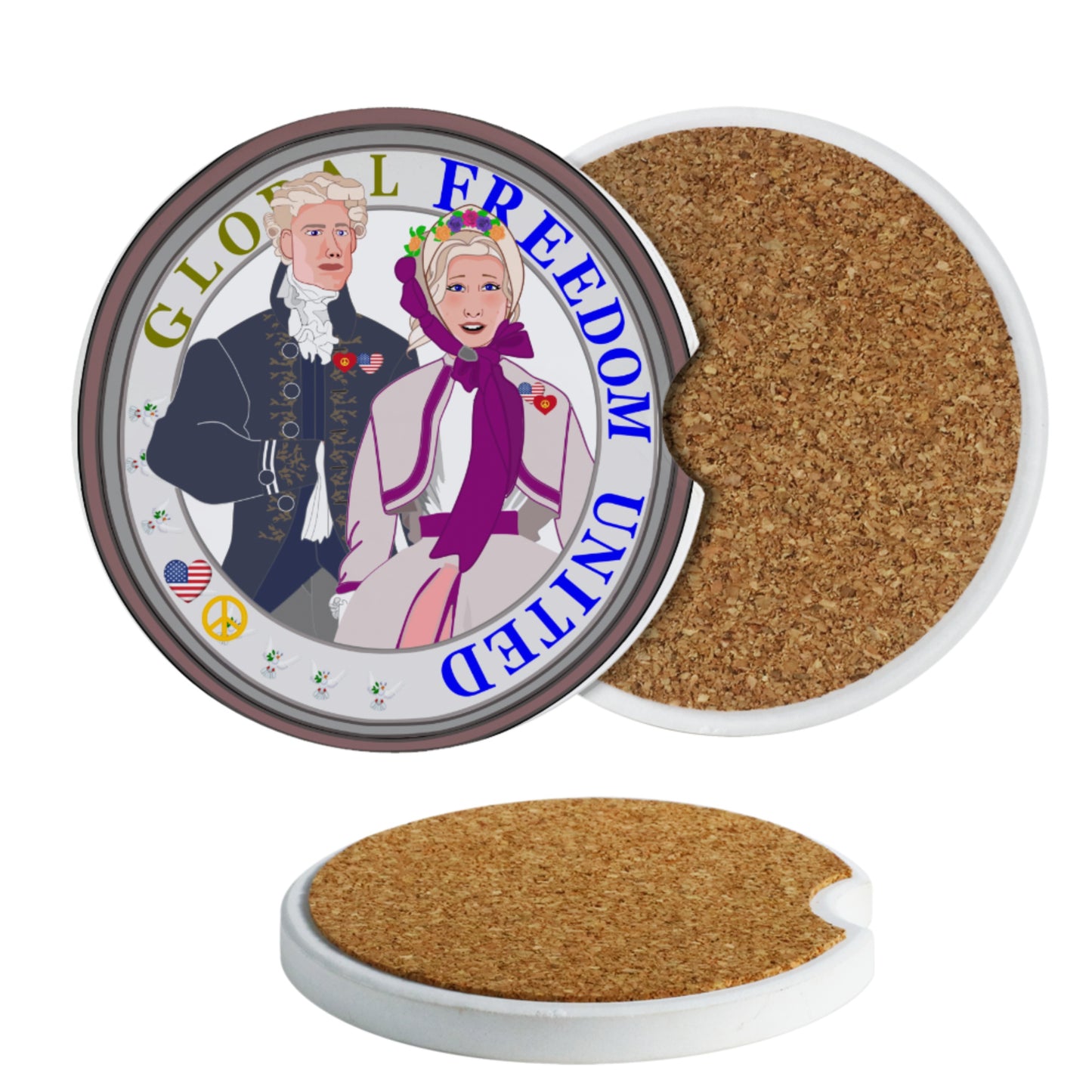 Ceramic Car Coaster GLOBAL FREEDOM UNITED© Couple USA Traditional