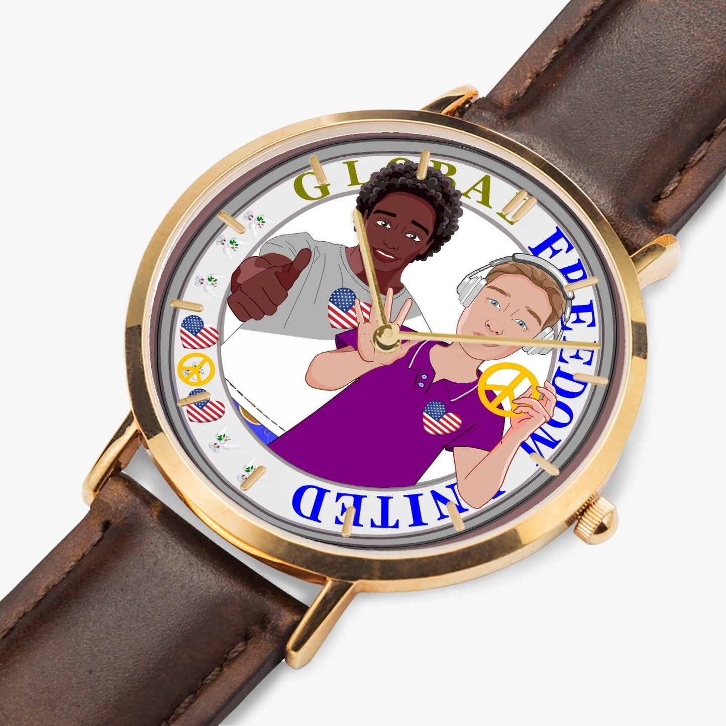 GLOBAL FREEDOM UNITED© Hot Selling Ultra-Thin Leather Strap Quartz Watch (Rose Gold With Indicators) Men ANTI FASCISM & RACISM  USA