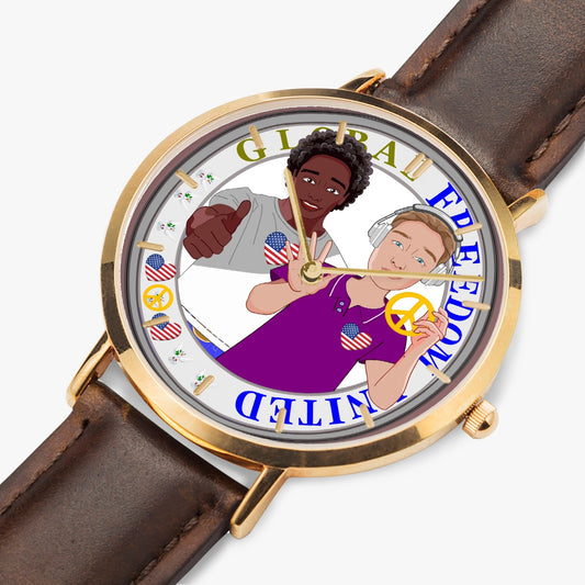 GLOBAL FREEDOM UNITED© Hot Selling Ultra-Thin Leather Strap Quartz Watch (Rose Gold With Indicators) Men ANTI FASCISM & RACISM  USA