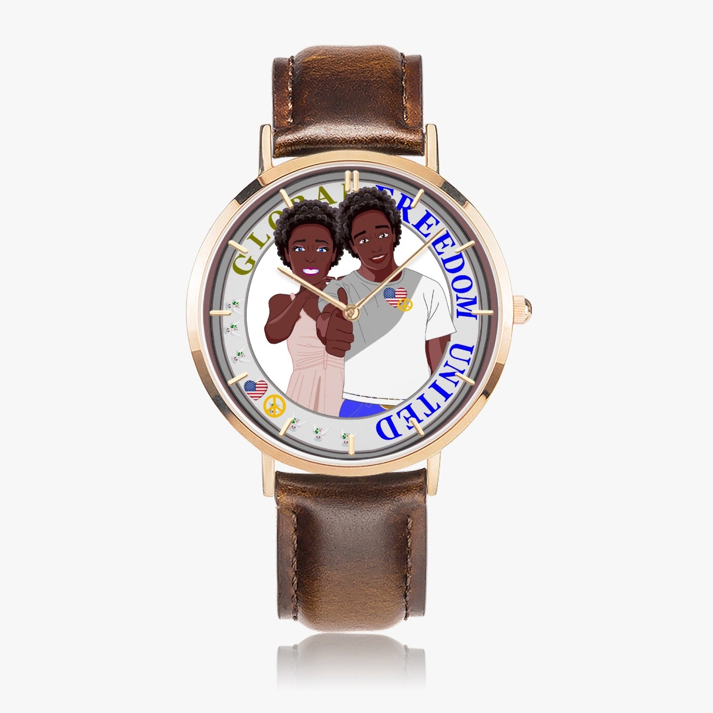 GLOBAL FREEDOM UNITED© Couple Afro American - Hot Selling Ultra-Thin Leather Strap Quartz Watch (Rose Gold With Indicators)