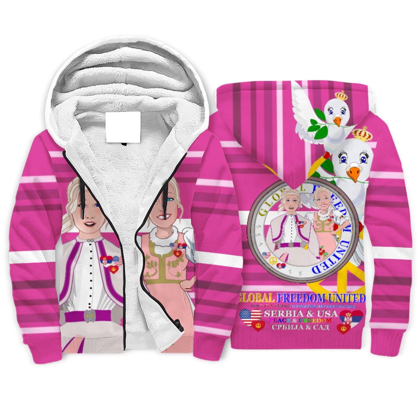 Plush Hoodie GLOBAL FREEDOM UNITED© Women Serbia & USA Pink2