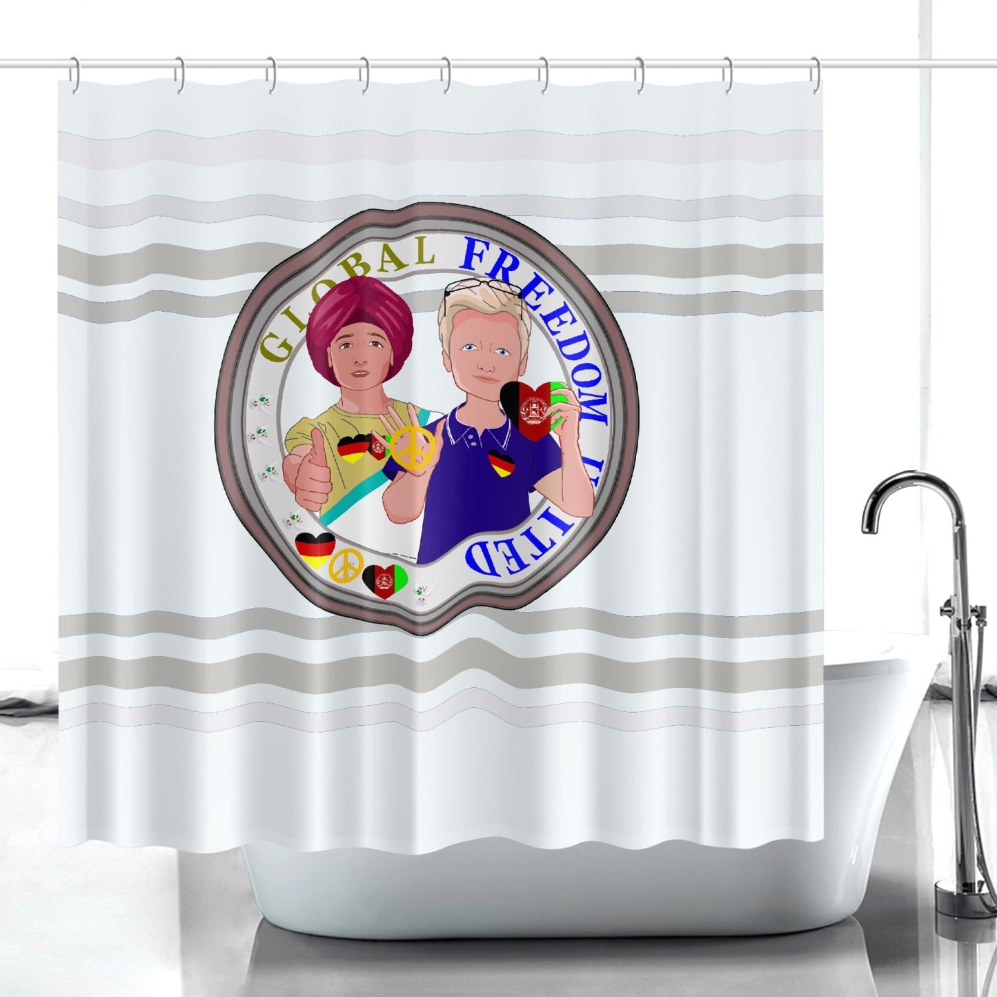 Quick-drying Shower Curtain GLOBAL FREEDOM UNITED© Men Afghanistan & Germany Wight