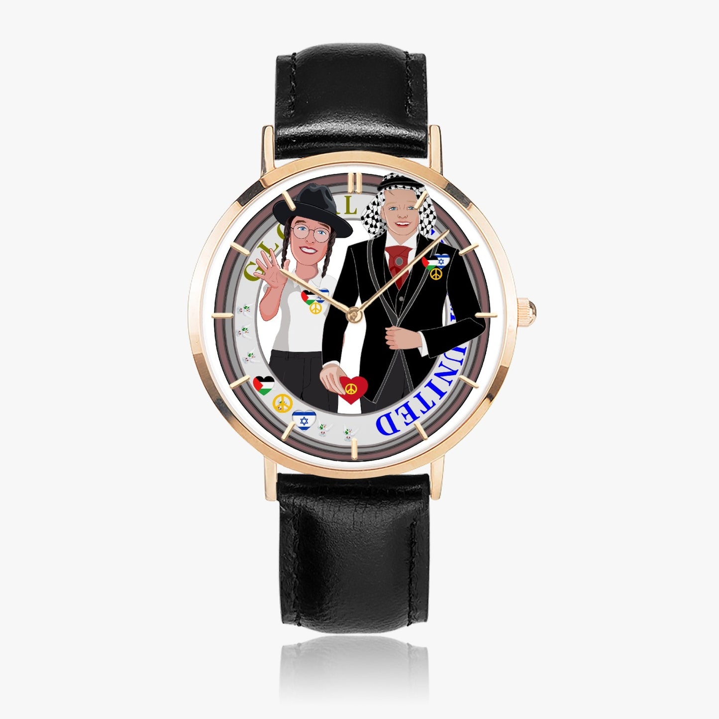 GLOBAL FREEDOM UNITED© Hot Selling Ultra-Thin Leather Strap Quartz Watch (Rose Gold With Indicators) Men Israel & Palestina
