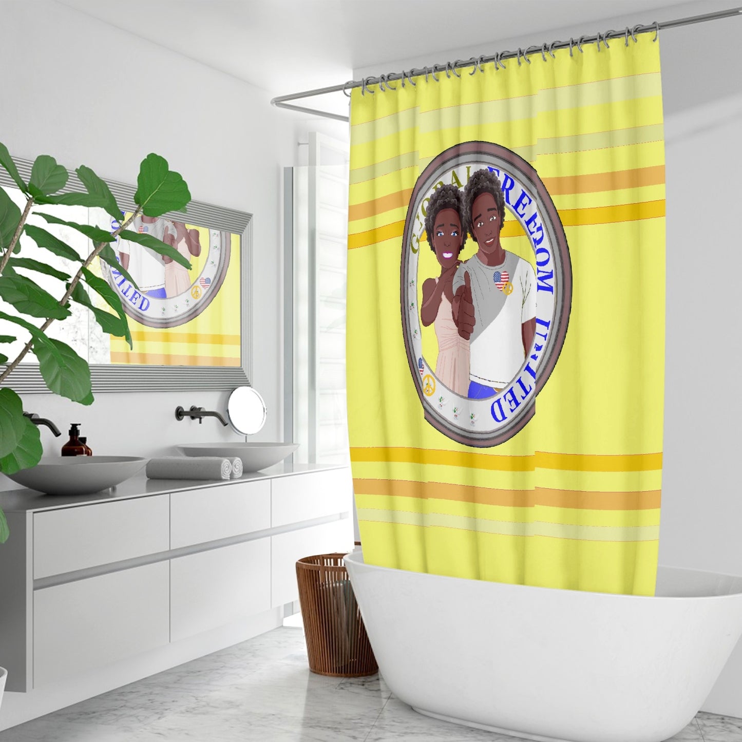 Quick-drying Shower Curtain GLOBAL FREEDOM UNITED© Couple USA Afro American Yellow