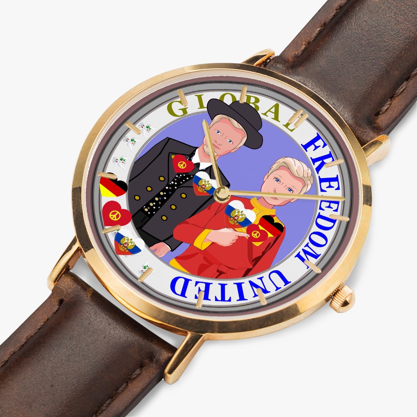 GLOBAL FREEDOM UNITED© Hot Selling Ultra-Thin Leather Strap Quartz Watch (Rose Gold With Indicators) Men Russia & Germany