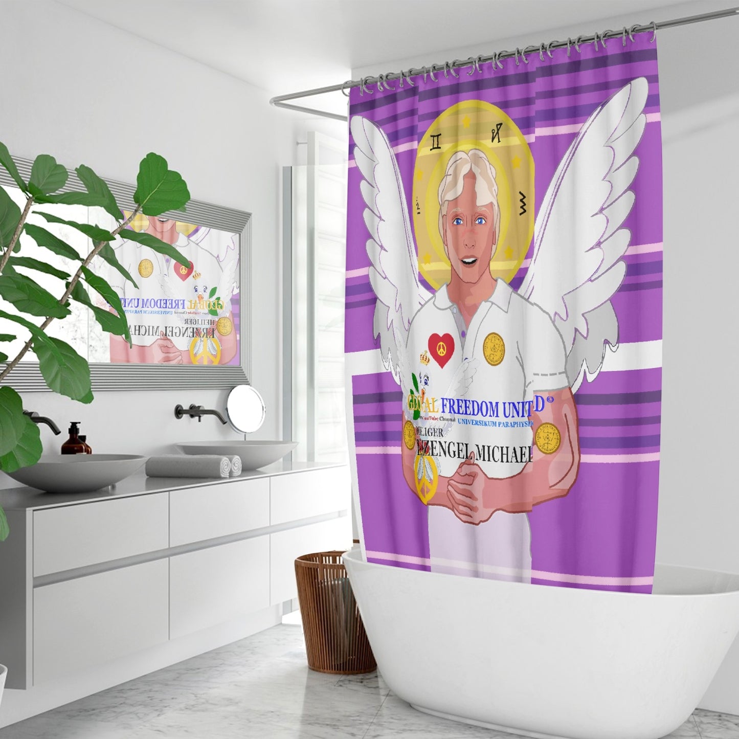 Quick-drying Shower Curtain GLOBAL FREEDOM UNITED ARCGANGEL MICHAEL GERMAN LILAC