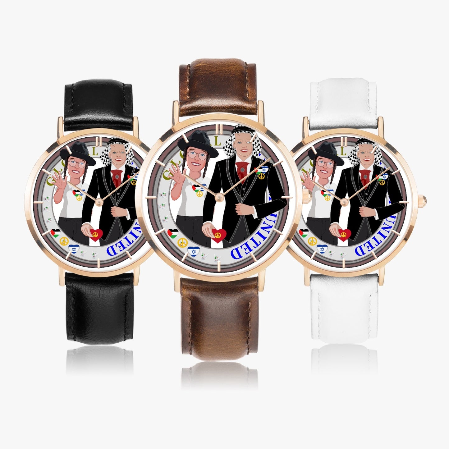 GLOBAL FREEDOM UNITED© Hot Selling Ultra-Thin Leather Strap Quartz Watch (Rose Gold With Indicators) Men Israel & Palestina