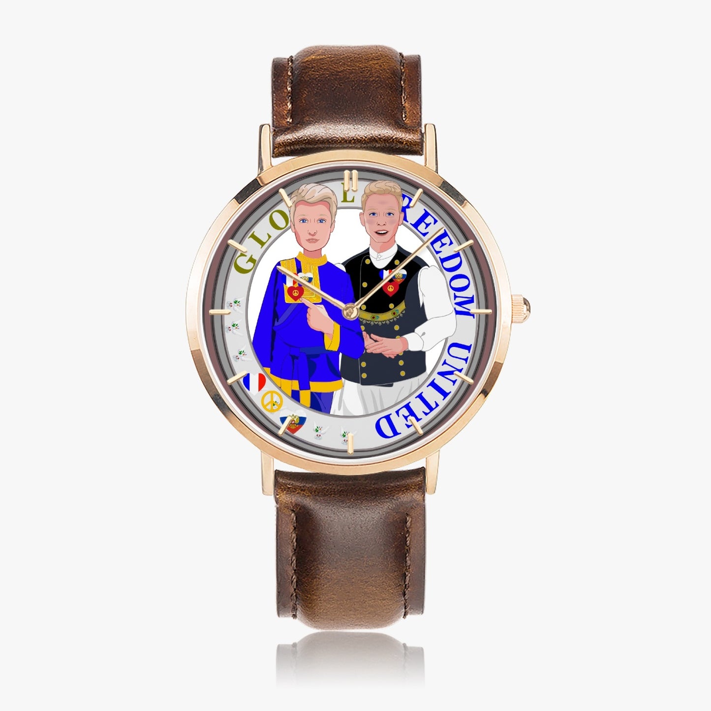 GLOBAL FREEDOM UNITED© Hot Selling Ultra-Thin Leather Strap Quartz Watch (Rose Gold With Indicators) Men Russia & French