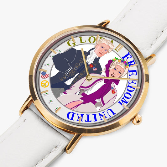 GLOBAL FREEDOM UNITED© Couple USA Georg Washington - Hot Selling Ultra-Thin Leather Strap Quartz Watch (Rose Gold With Indicators)
