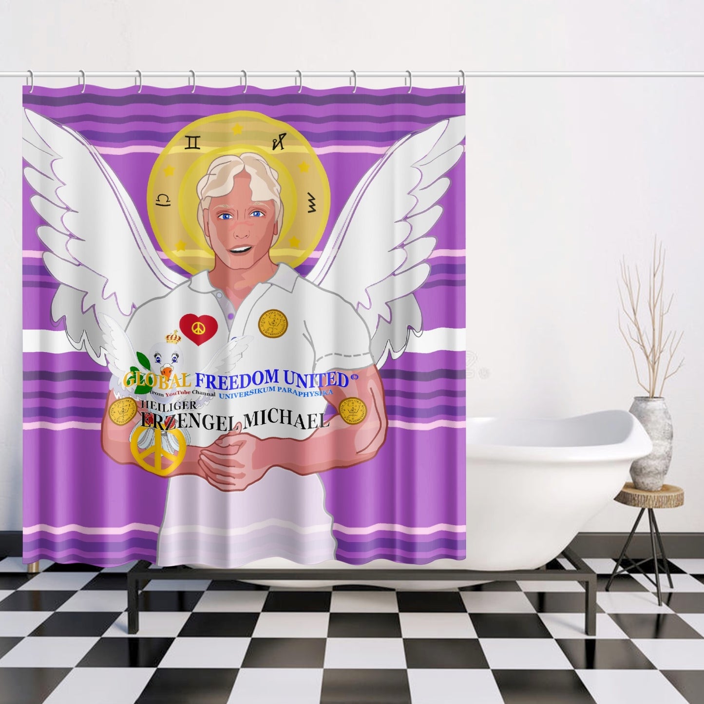 Quick-drying Shower Curtain GLOBAL FREEDOM UNITED ARCGANGEL MICHAEL GERMAN LILAC
