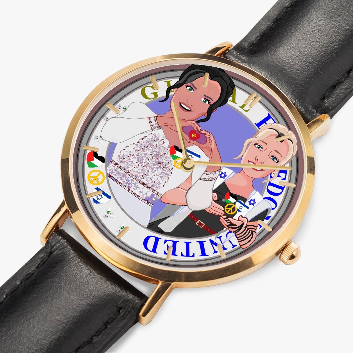 GLOBAL FREEDOM UNITED© Hot Selling Ultra-Thin Leather Strap Quartz Watch (Rose Gold With Indicators) Women Palestina & Israel