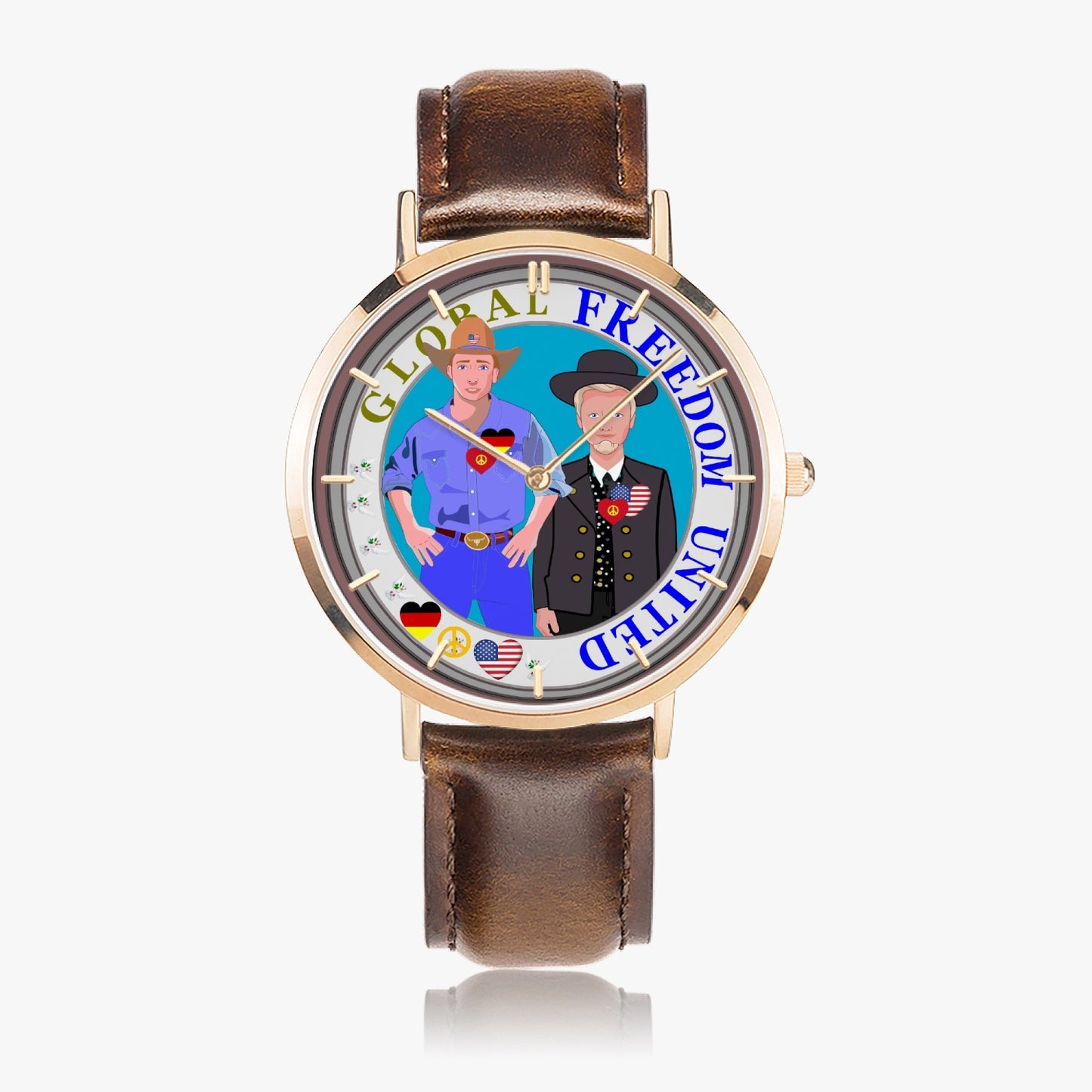 GLOBAL FREEDOM UNITED© Hot Selling Ultra-Thin Leather Strap Quartz Watch (Rose Gold With Indicators) Men Germany & USA