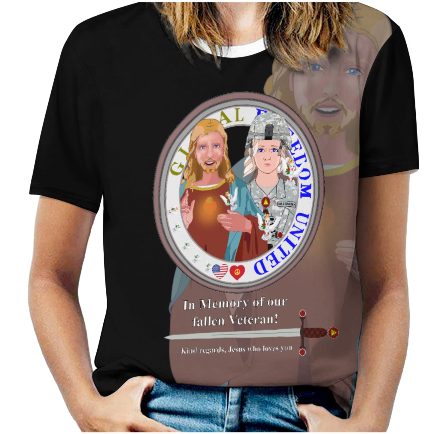 Women´s T-Shirt Black GLOBAL FREEDOM UNITED© Jesus Christ For Fallen Veteran US Afro American Soldiers V1